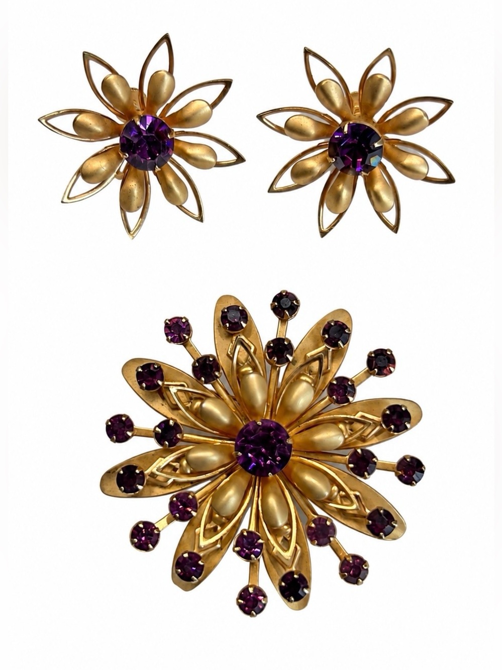 Gold and Purple Floral Earrings and Brooch Set (1950-60’s)